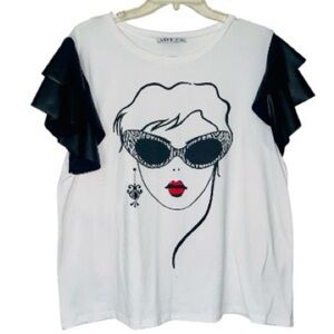 Love J White Tee with Faux Leather Ruffled Sleeves